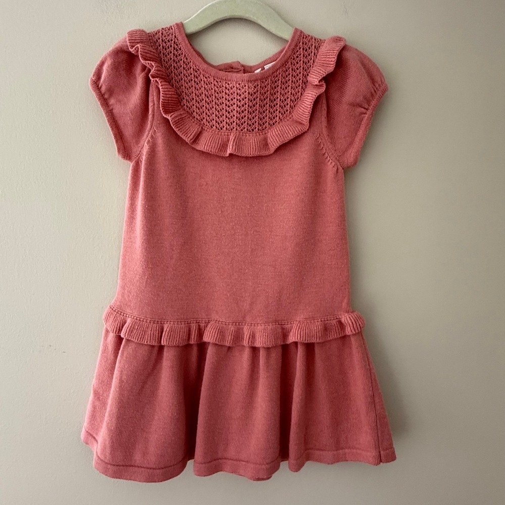Janie and Jack Girls 2T Pink Knit Ruffle Dress Crochet Bib Short Sleeve